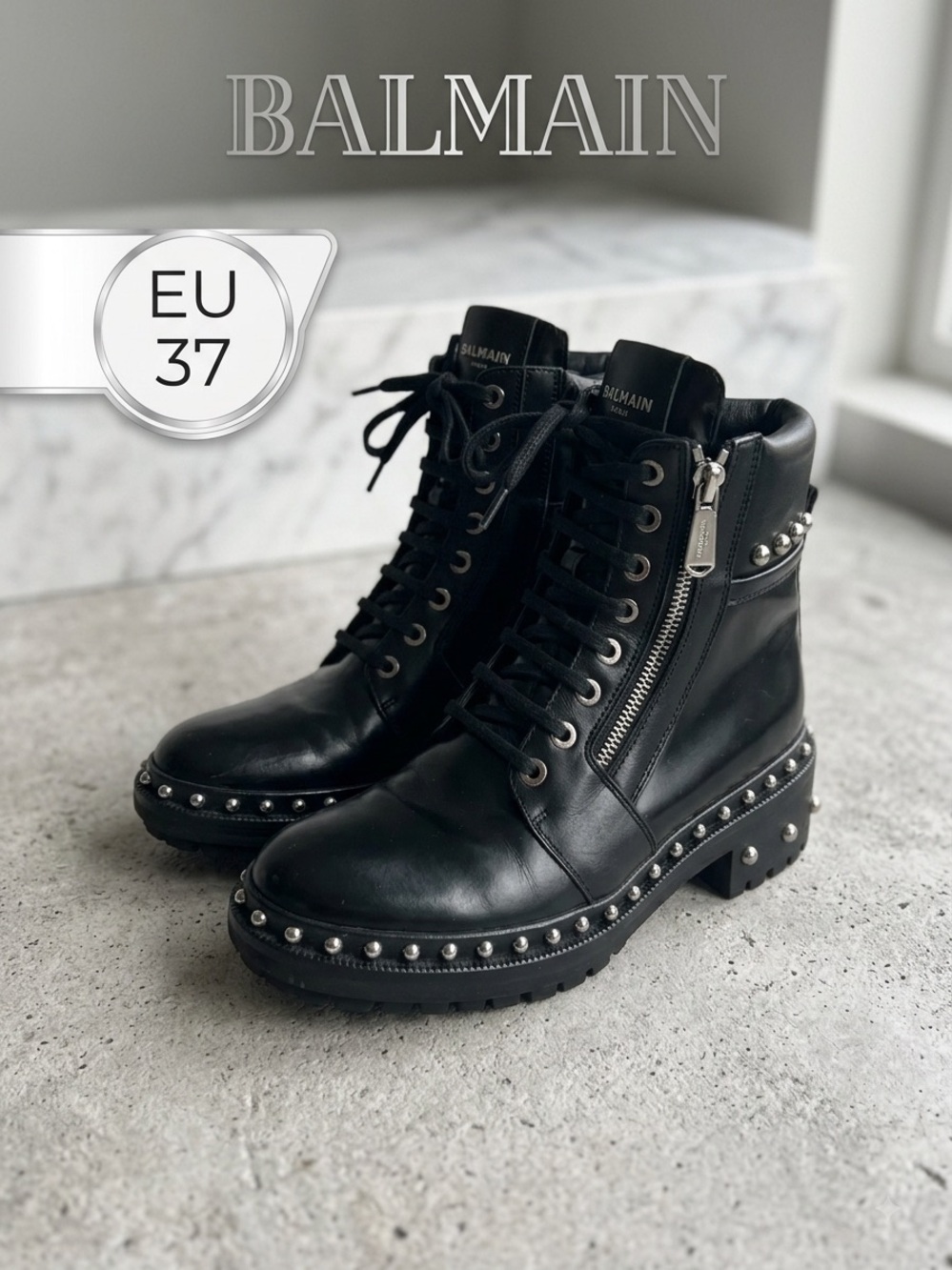 BALMAIN Paris Black Leather Studded Ranger Combat Boots Size 37 US 7